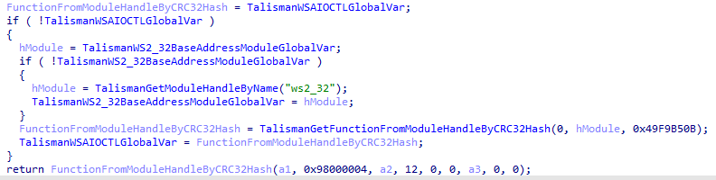 Figure 4. Dynamic function resolving based on API hashing, as seen within Talisman