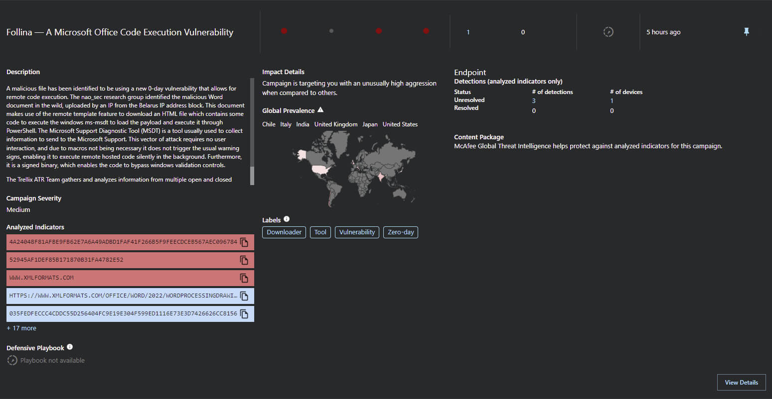 Campaign overview and detections for Follina. Source: MVISION Insights