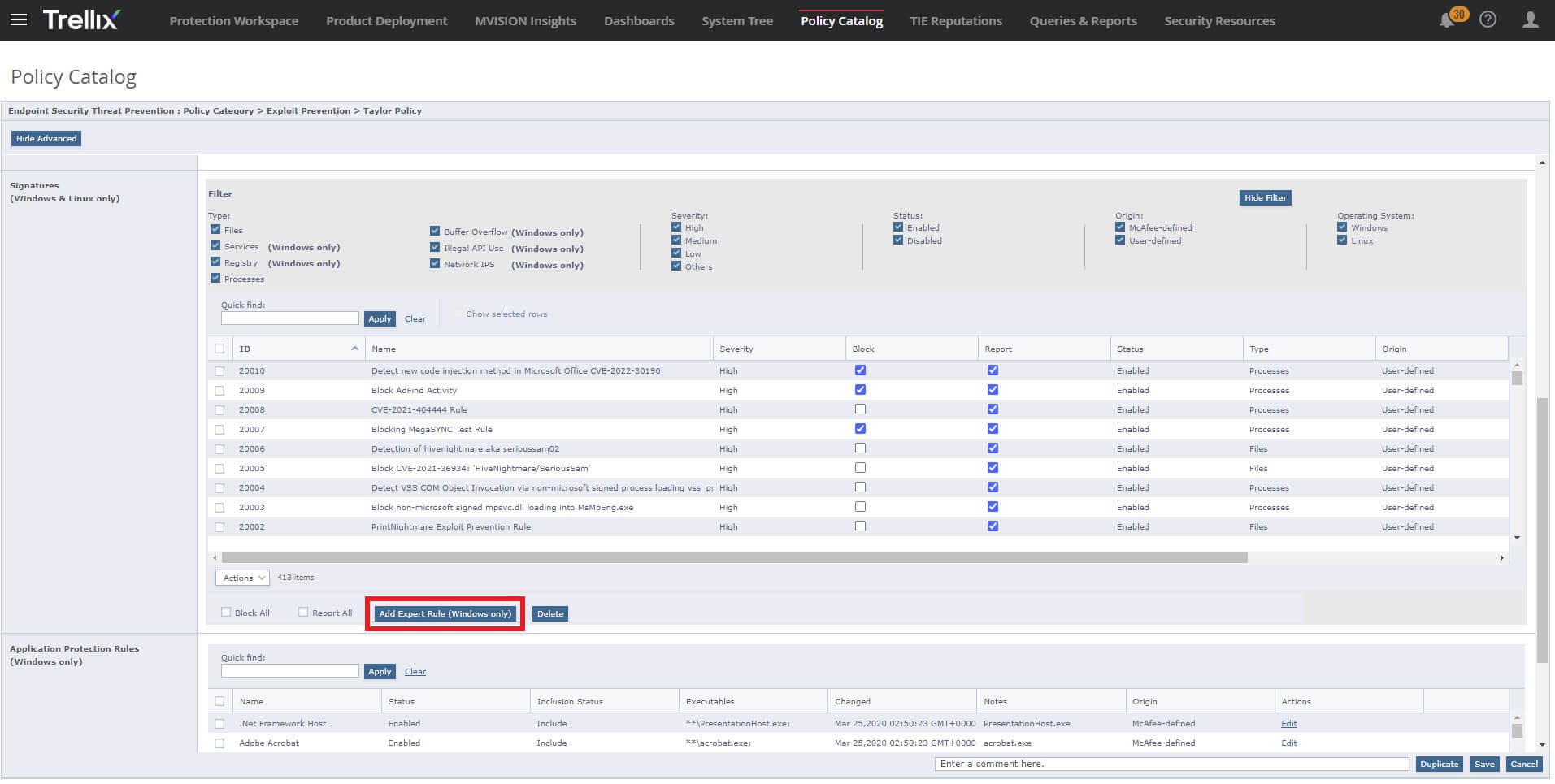 Creation of the Expert Rule in the Trellix ENS Exploit Prevention Policy