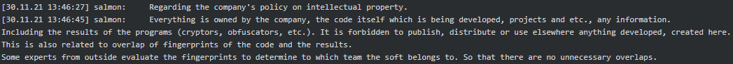 Figure 5. Salmon to Core about company’s policy on intellectual property